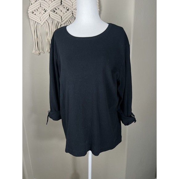 Chico's Design Size 3 (16) Black Long Roll Tab Sleeve T Shirt Heavy Cotton Blend - Picture 1 of 11